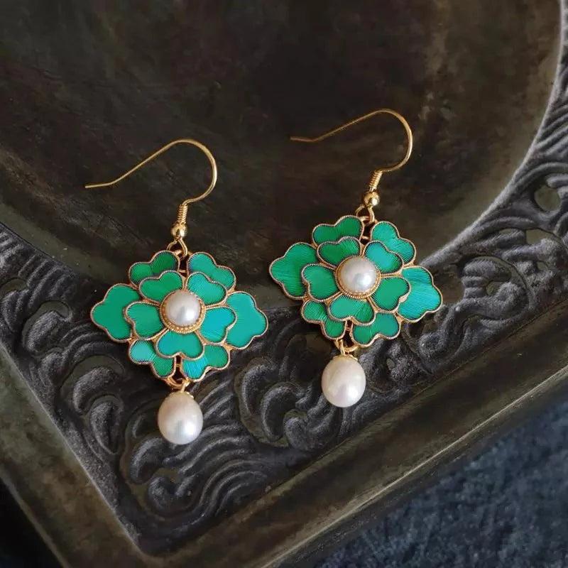 Cloisonne Enamel Porcelain Earrings Gilt Flower Chinese Retro Palace