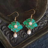 Cloisonne Enamel Porcelain Earrings Gilt Flower Chinese Retro Palace