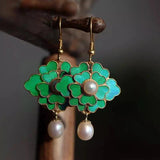 Cloisonne Enamel Porcelain Earrings Gilt Flower Chinese Retro Palace
