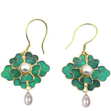 Cloisonne Enamel Porcelain Earrings Gilt Flower Chinese Retro Palace
