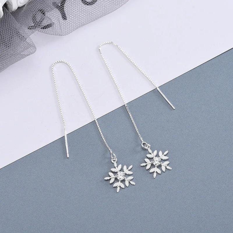 925 Sterling Silver Snowflake Threader Earrings Long Chain Pull Through Earrings