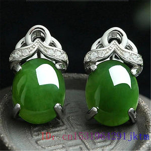 Green Jade Zircon 925 Silver Ear Studs Amulet Earrings Chalcedony Women Crystal