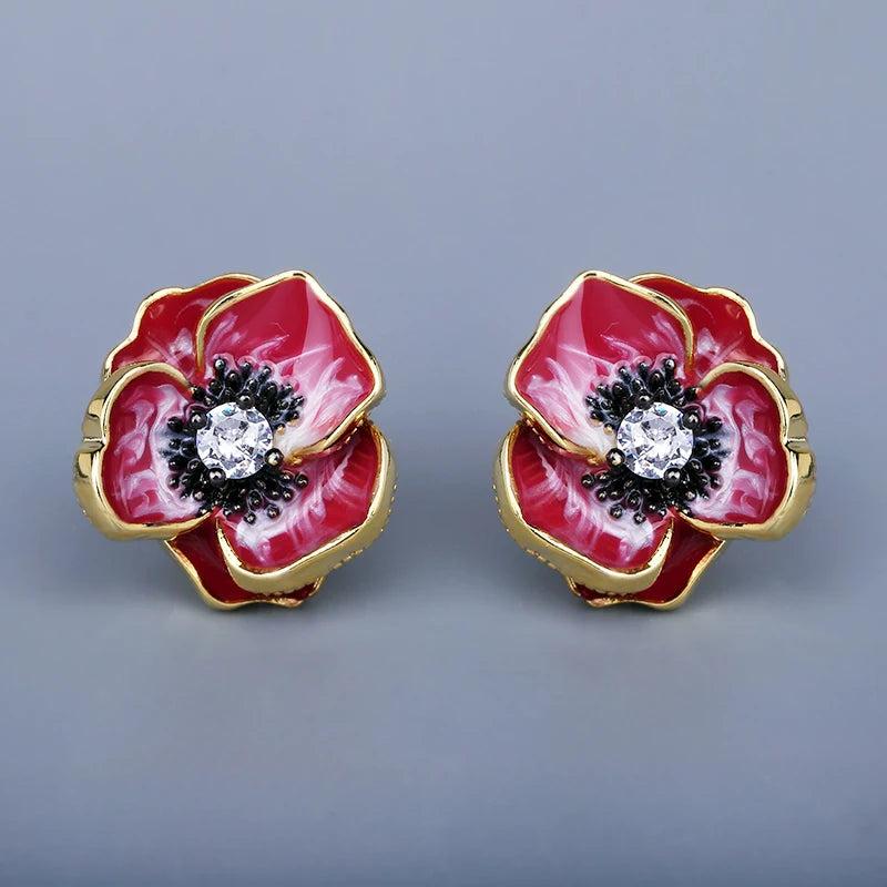 925 Silver Red Epoxy Flower Enamel Party Earrings Women's Flower Jewelry