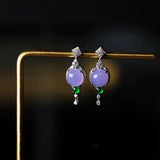 Silver Inlaid Ice Purple Chalcedony Egg Round Earrings