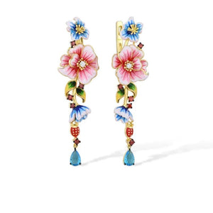 Enamel Bohemia 925 Silver Drop Earrings Flower Long Wedding Bridal Jewelry