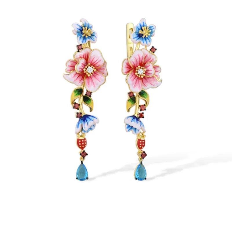 Enamel Bohemia 925 Silver Drop Earrings Flower Long Wedding Bridal Jewelry