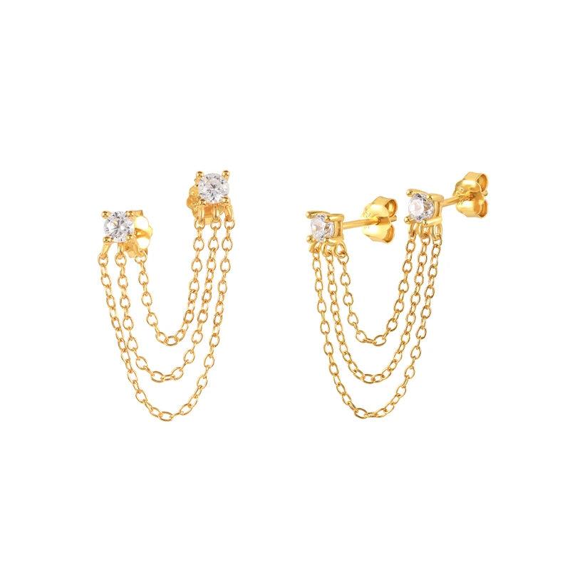 925 Silver Zircon Stud Earrings Double Studs Three Chain Tassel Piercing