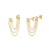 925 Silver Zircon Stud Earrings Double Studs Three Chain Tassel Piercing