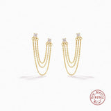 925 Silver Zircon Stud Earrings Double Studs Three Chain Tassel Piercing