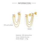 925 Silver Zircon Stud Earrings Double Studs Three Chain Tassel Piercing