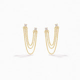 925 Silver Zircon Stud Earrings Double Studs Three Chain Tassel Piercing