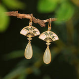 Silver Inlaid Jade Fan Drop Earrings, Classical Jewelry