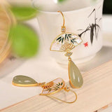 Silver Inlaid Jade Fan Drop Earrings, Classical Jewelry