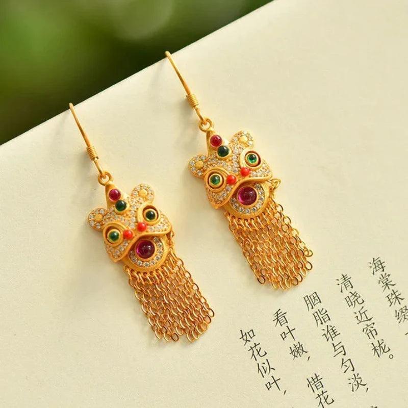 Ancient Craft Inlay Lion Tassel Earrings Ethnic Retro Wedding Jewelry