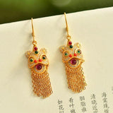 Ancient Craft Inlay Lion Tassel Earrings Ethnic Retro Wedding Jewelry