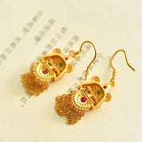 Ancient Craft Inlay Lion Tassel Earrings Ethnic Retro Wedding Jewelry