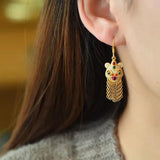 Ancient Craft Inlay Lion Tassel Earrings Ethnic Retro Wedding Jewelry