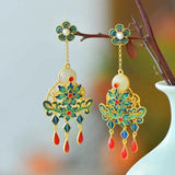 Hotan Jade Enamel Tassel Earrings Retro Cheongsam Hanfu Silver Jewelry