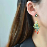 Hotan Jade Enamel Tassel Earrings Retro Cheongsam Hanfu Silver Jewelry