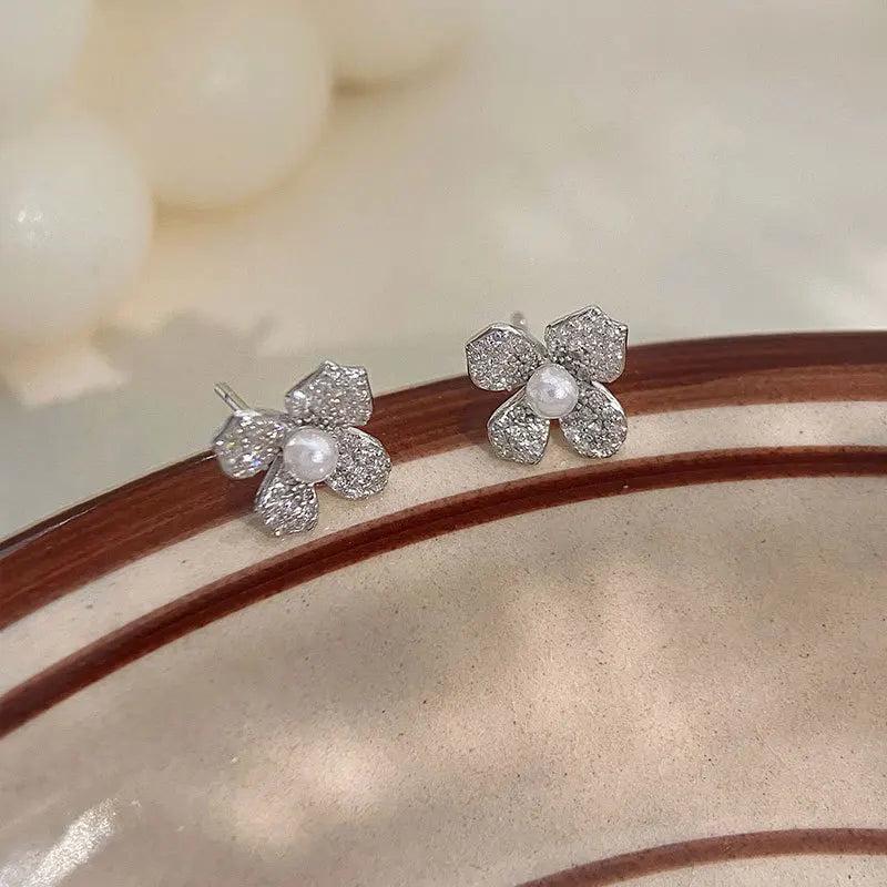 925 Silver Zircon Pearl Gardenia Earrings Korea Jewelry Women
