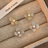 925 Silver Zircon Pearl Gardenia Earrings Korea Jewelry Women