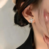 925 Silver Zircon Pearl Gardenia Earrings Korea Jewelry Women