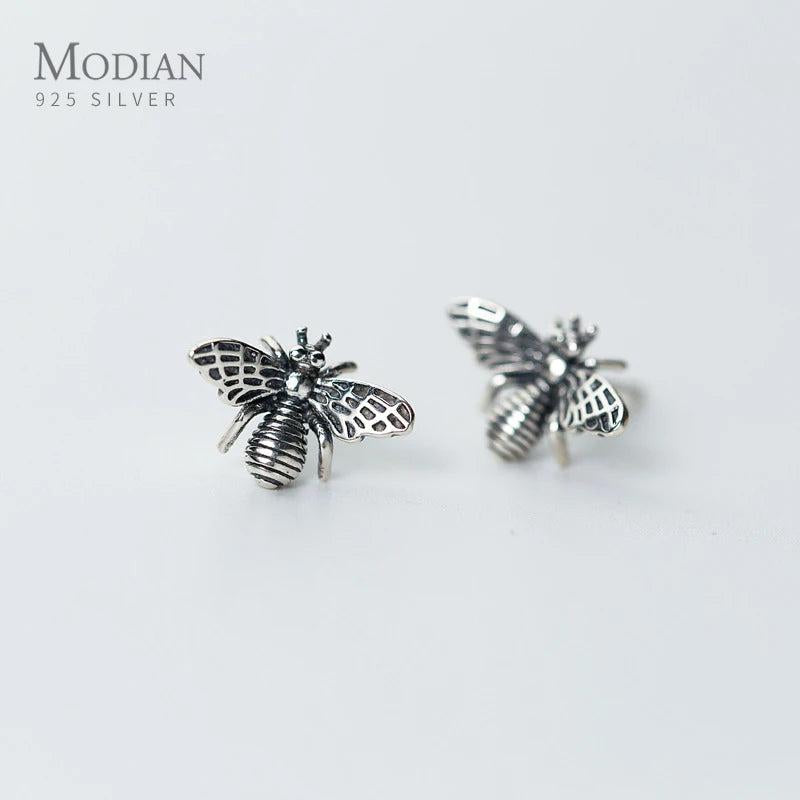 Vintage Bee Stud Earrings 925 Sterling Silver Insect Ear Studs Bijoux Jewelry