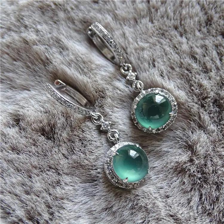 Green Chalcedony Earrings with Diamonds, Silver Jewelry