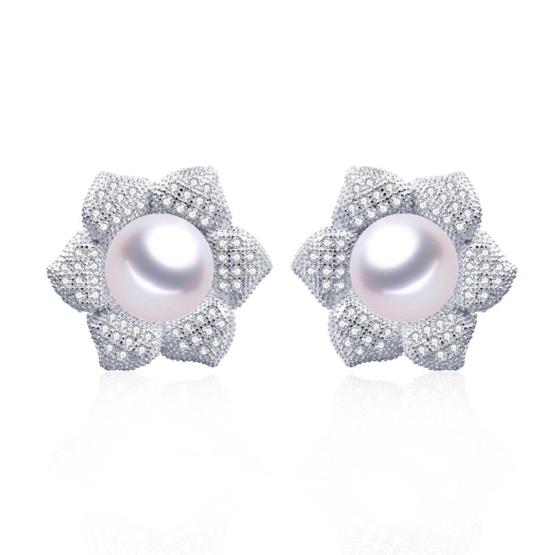 Natural Pearl Flower Stud Earrings Silver 925 Zircon Wedding Jewelry