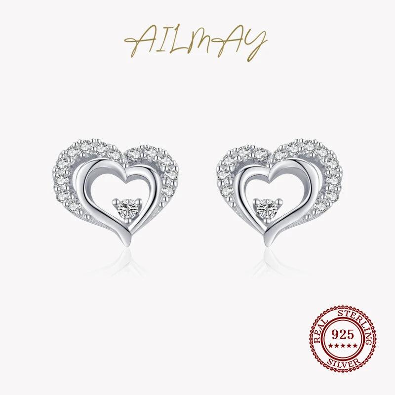 925 Silver Heart Zircon Stud Earrings Women Wedding Jewelry