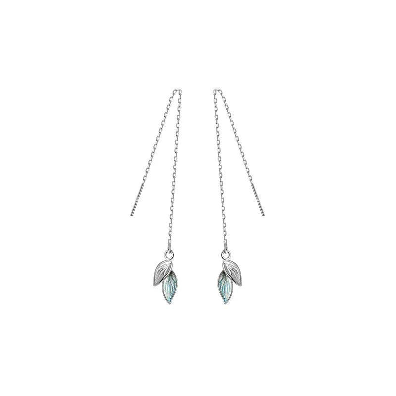 Trustdavis 925 Silver Glaze Leaves Chain Earrings