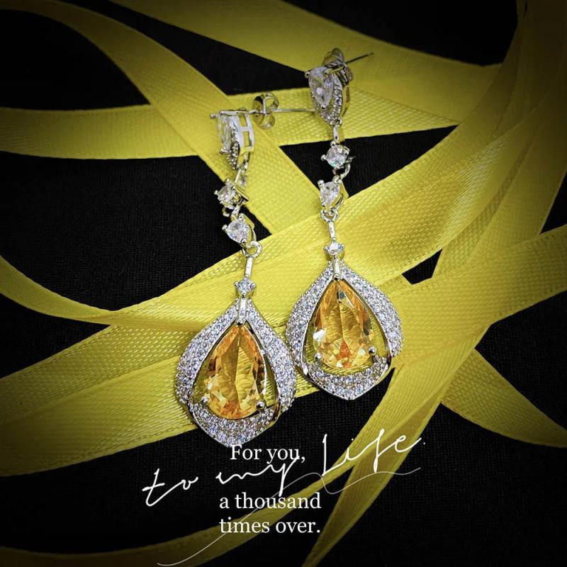 Natural Citrine Earrings Water Drop Yellow Diamond Ear Hook Women