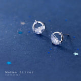 Geometric CZ Round Stud Earrings 925 Silver Wedding Jewelry