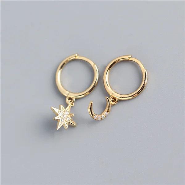 925 Silver Asymmetrical Star Moon Ear Studs for Women Punk Rock Jewelry