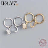 925 Silver Asymmetrical Star Moon Ear Studs for Women Punk Rock Jewelry