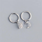 925 Silver Asymmetrical Star Moon Ear Studs for Women Punk Rock Jewelry