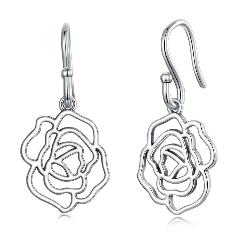 925 Sterling Silver Rose Flower Charm Drop Dangle Earrings For Women