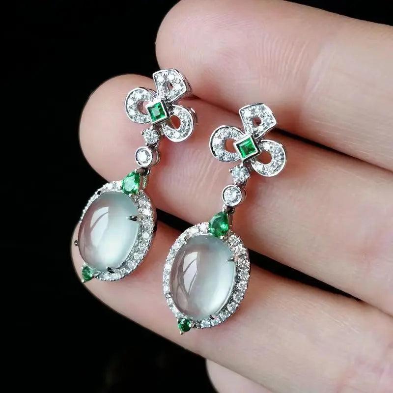 Chalcedony Ice Seed Egg Face Earrings with Diamonds for Women