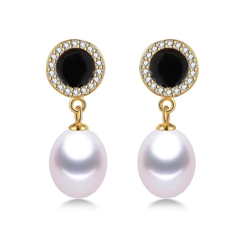 925 Silver Circle Zircon Drop Earrings with 8-9mm Real Freshwater Pearl