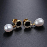 925 Silver Circle Zircon Drop Earrings with 8-9mm Real Freshwater Pearl