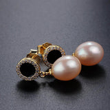 925 Silver Circle Zircon Drop Earrings with 8-9mm Real Freshwater Pearl