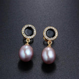 925 Silver Circle Zircon Drop Earrings with 8-9mm Real Freshwater Pearl