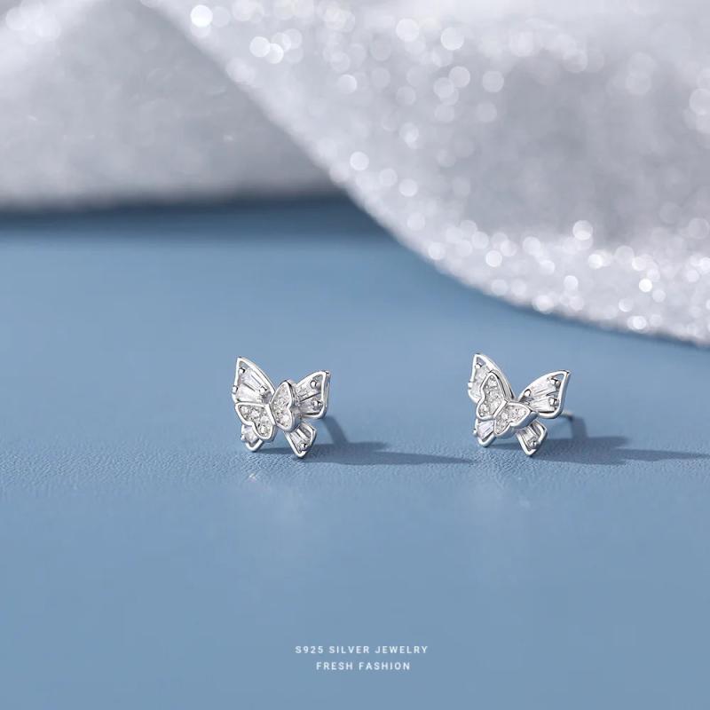 925 Silver Zircon Double Layer Butterfly Stud Earrings for Women