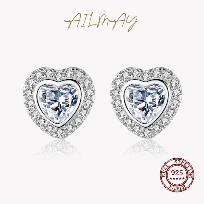 925 Silver Love Heart Stud Earrings Zircon Wedding Jewelry