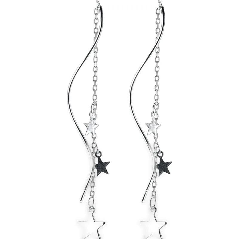 Sterling Silver Line Wave Stars Drop Earrings for Women
