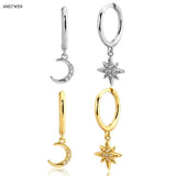 925 Silver Moon Snow Flower Dangle Charm Earring Zircon CZ Women Jewelry