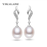 925 Silver Natural Freshwater Pearl Long Earrings 8-9 MM White/Pink/Purple