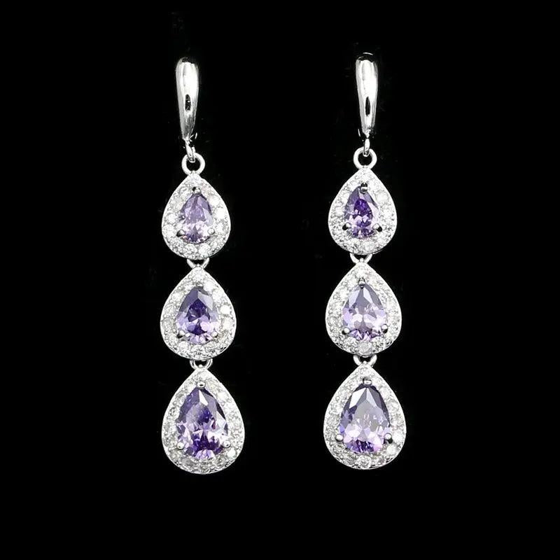Water Drop Purple CZ Crystal Earrings 925 Sterling Silver Long Earrings