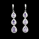 Water Drop Purple CZ Crystal Earrings 925 Sterling Silver Long Earrings