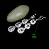 Water Drop Purple CZ Crystal Earrings 925 Sterling Silver Long Earrings